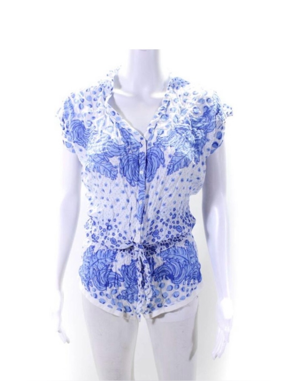 Poupette St. Barth Womens Polka Dot Short Sleeve Button Up Romper Blue White XS